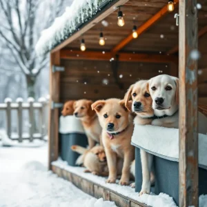 A cozy animal shelter in winter, providing care to pets.