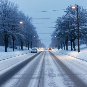 Snow-covered street in Greenville during a winter storm