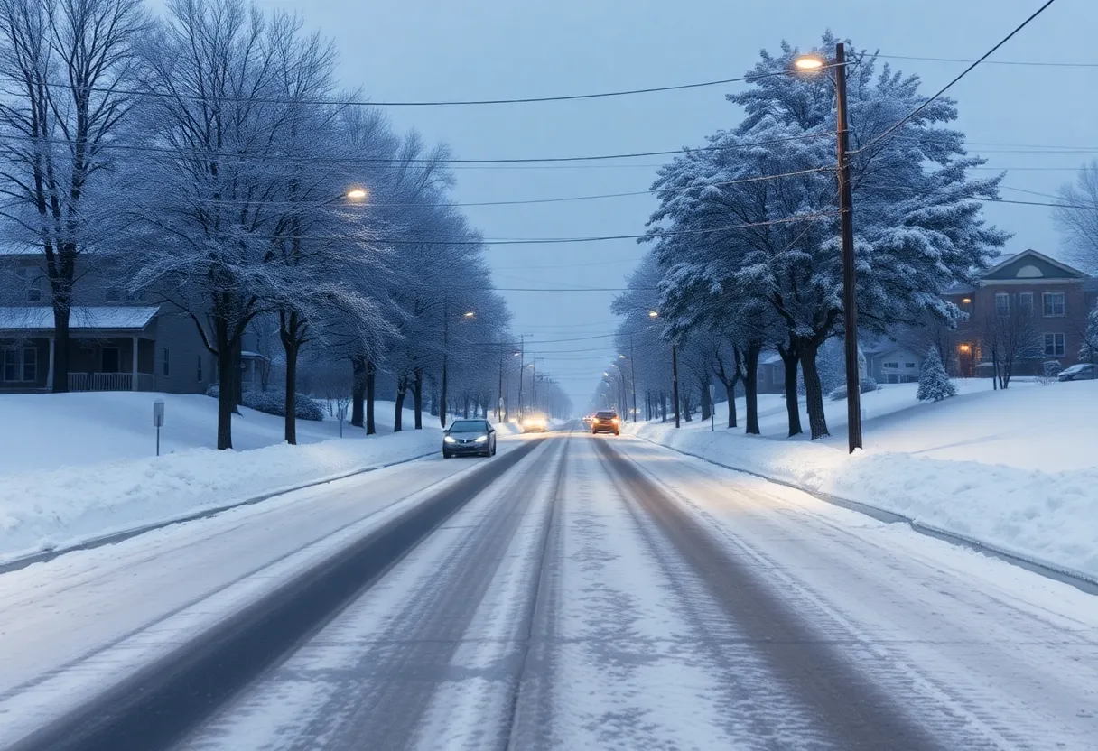 Snow-covered street in Greenville during a winter storm