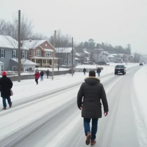 Winter weather scene in South Carolina with snow and icy roads