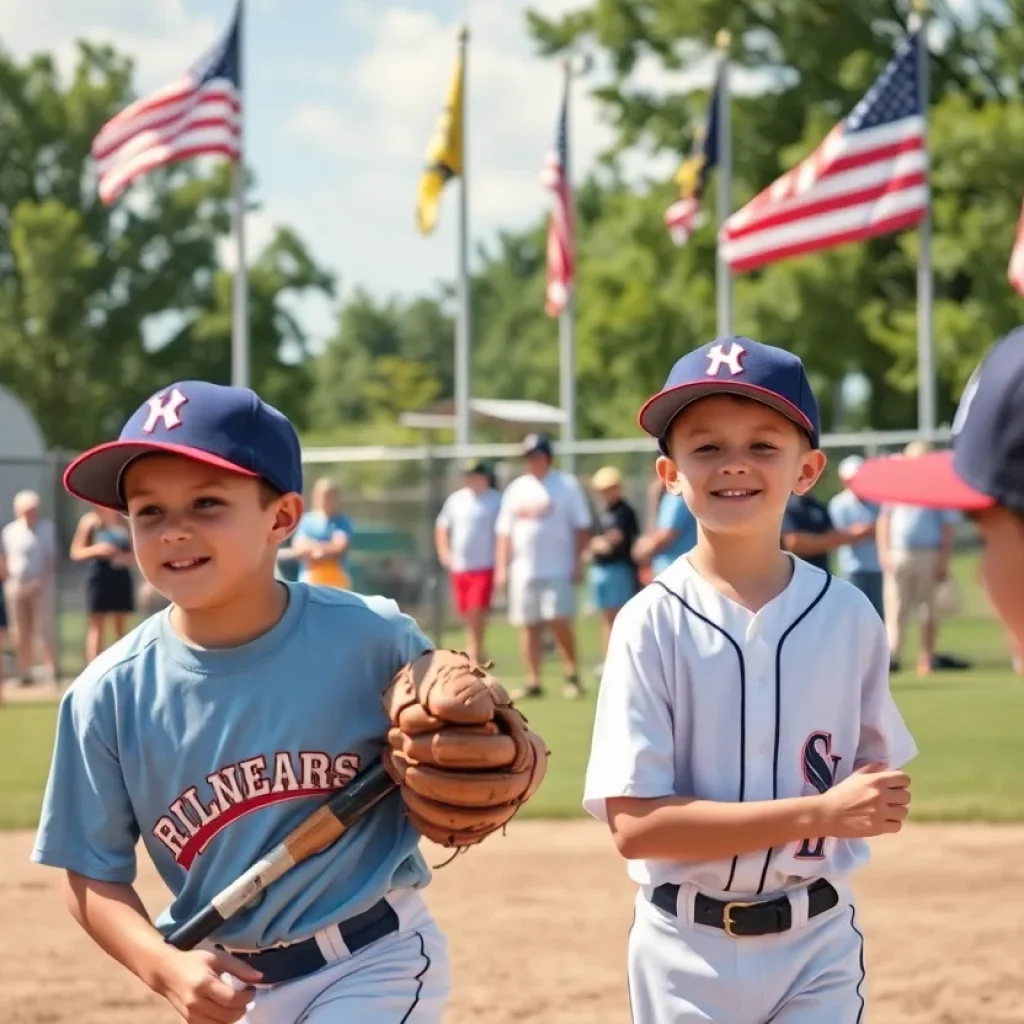 Players from the Beaufort Ospreys baseball team during a game, with an American flag in the background.