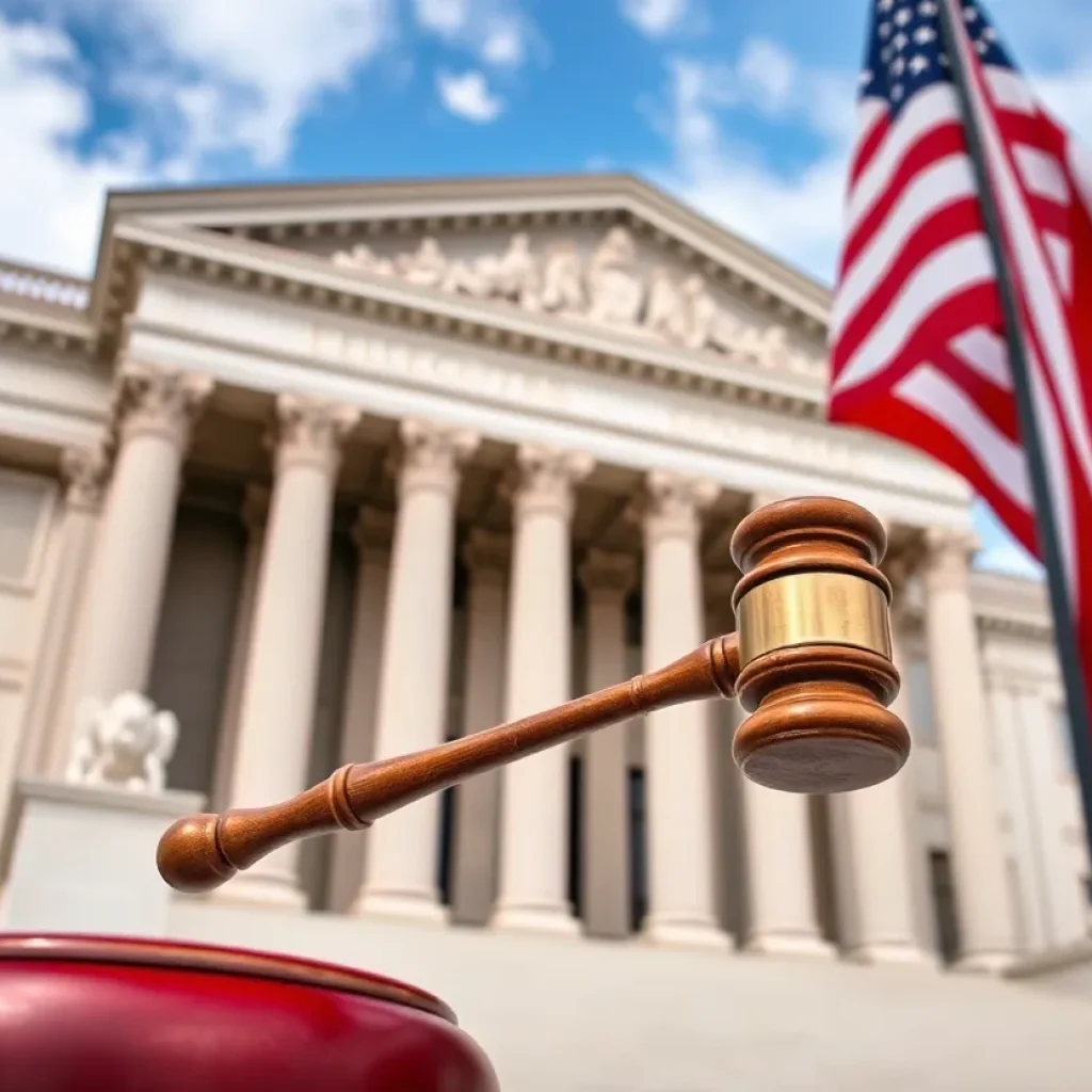 Federal courthouse with a gavel and American flag.