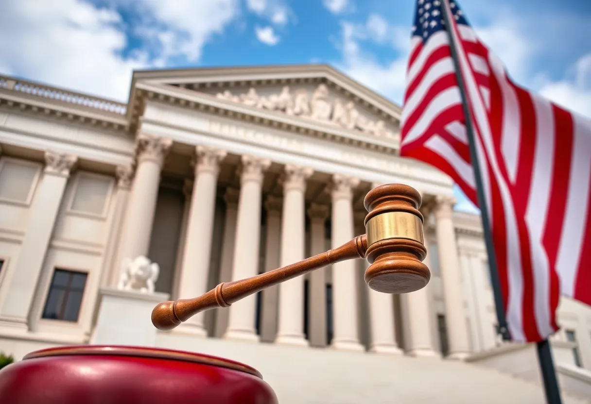 Federal courthouse with a gavel and American flag.