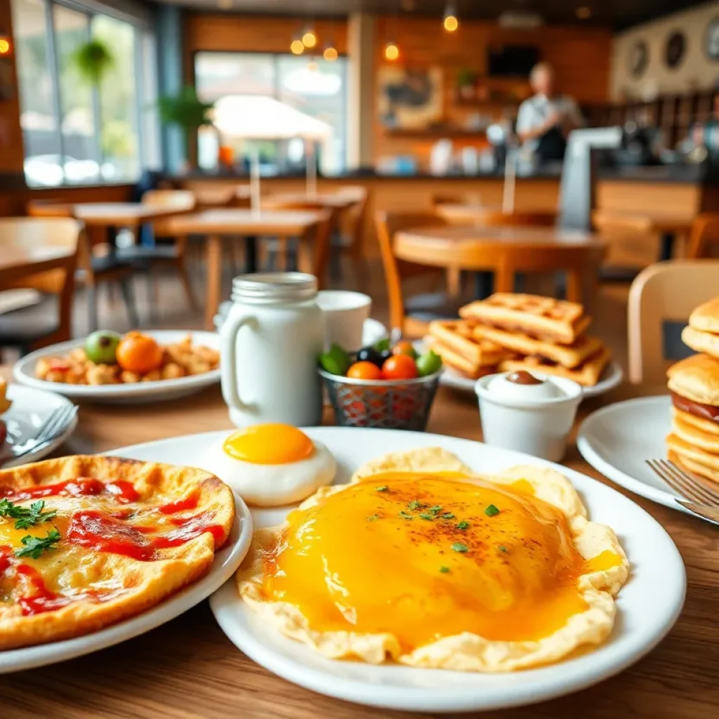 A variety of colorful breakfast dishes at Omelette Cafe