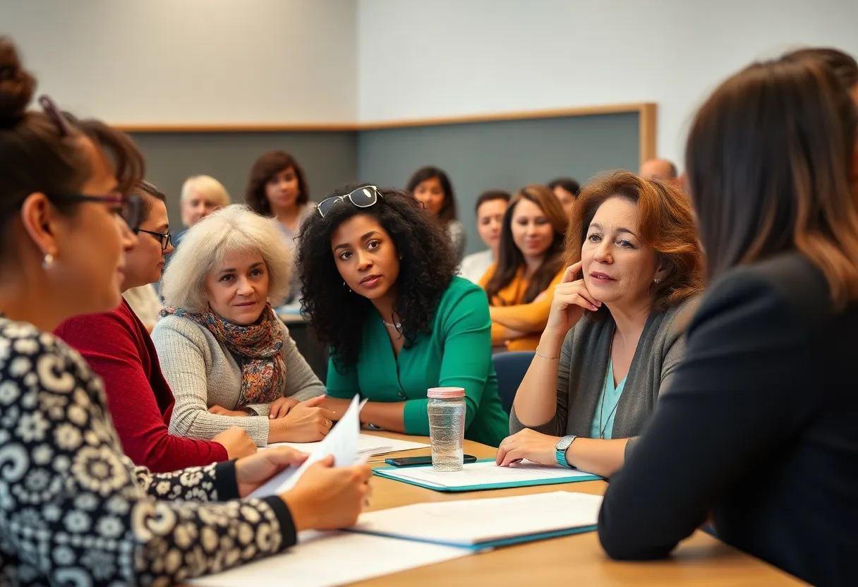 Female leaders of Port Royal engaged in discussion during a council meeting