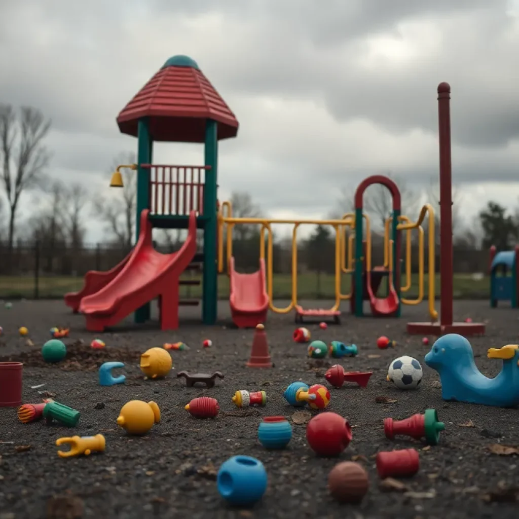 A deserted playground with toys, symbolizing the loss of a young life in a tragic incident.