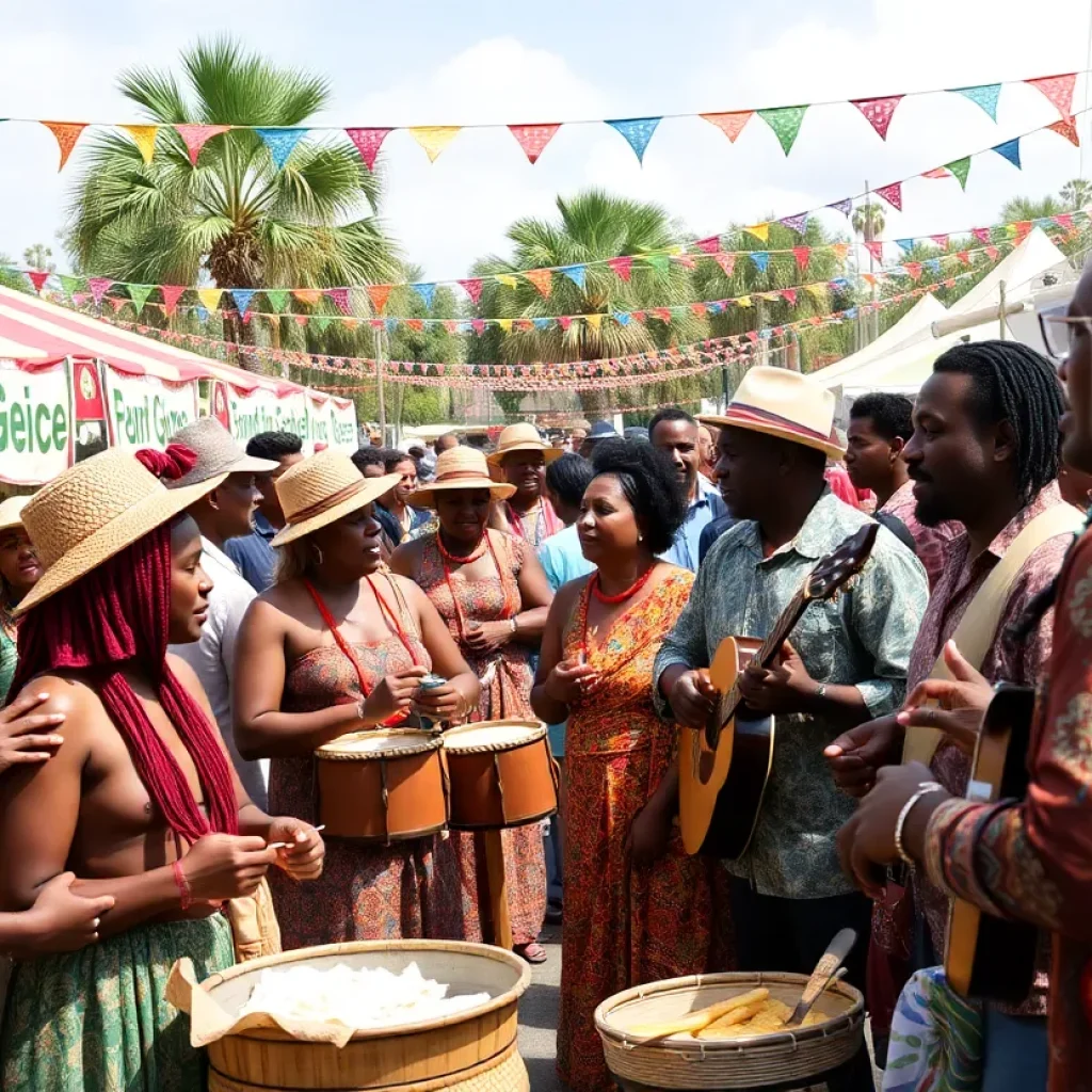 Crowd enjoying Gullah Geechee music and food at a festival.