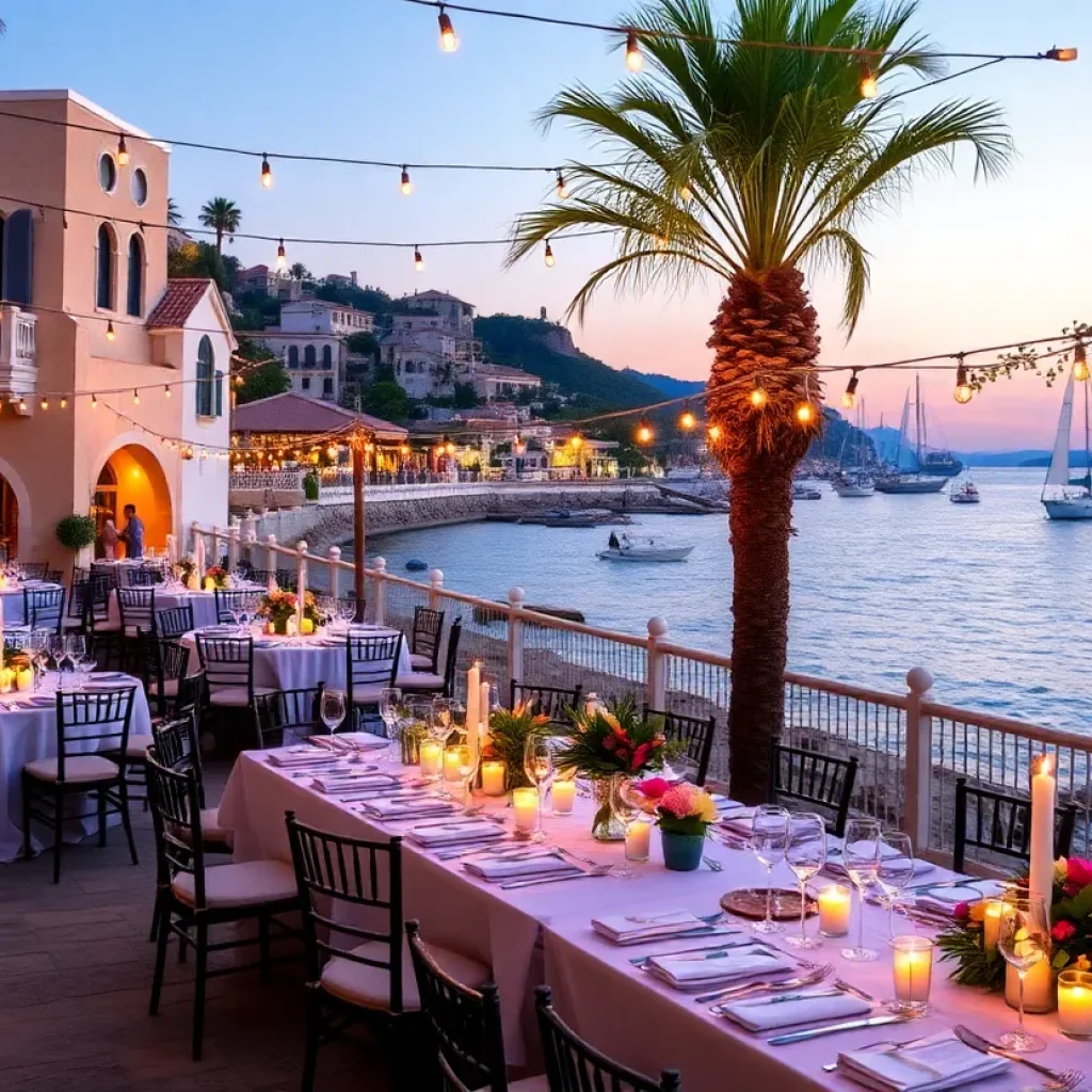 Dining setup for a Mediterranean-themed fundraiser event on Hilton Head Island