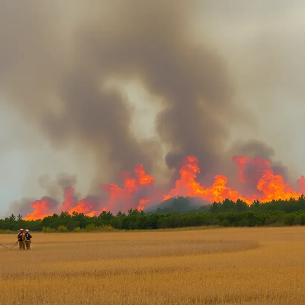 Firefighters combating Myrtle Beach wildfires with smoke and flames in the background.