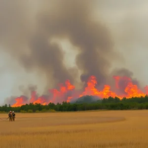 Firefighters combating Myrtle Beach wildfires with smoke and flames in the background.