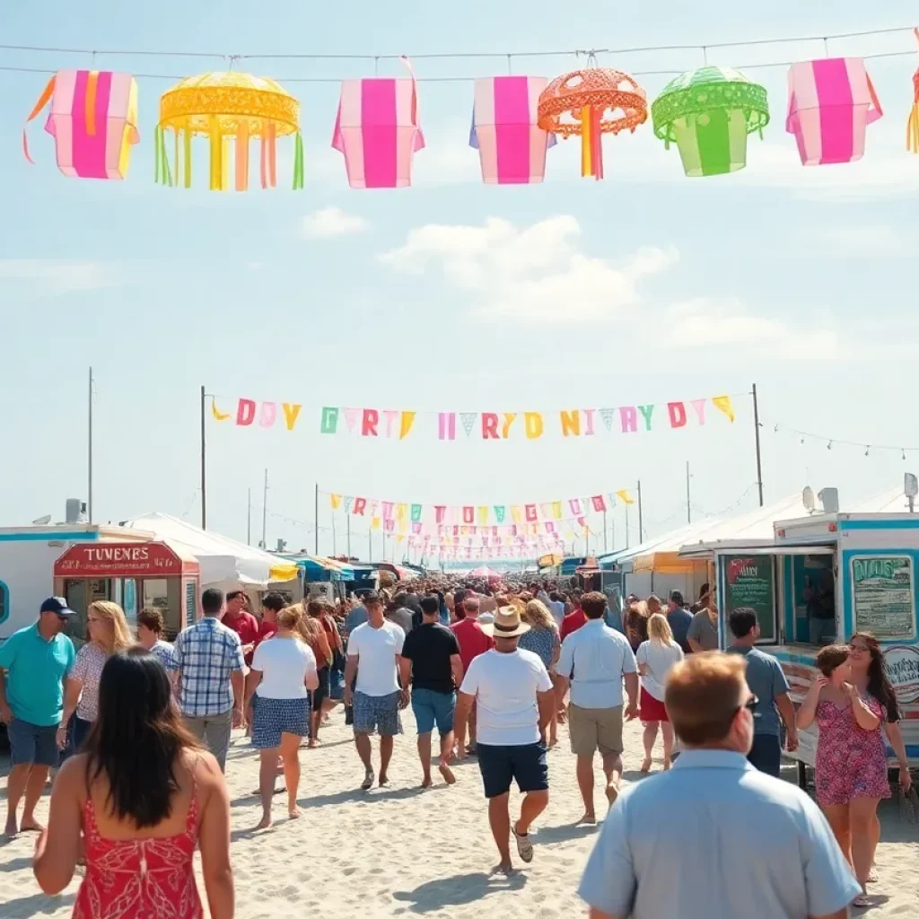 A lively festival crowd at Tybee Island's Orange Crush Festival with beach scenery.